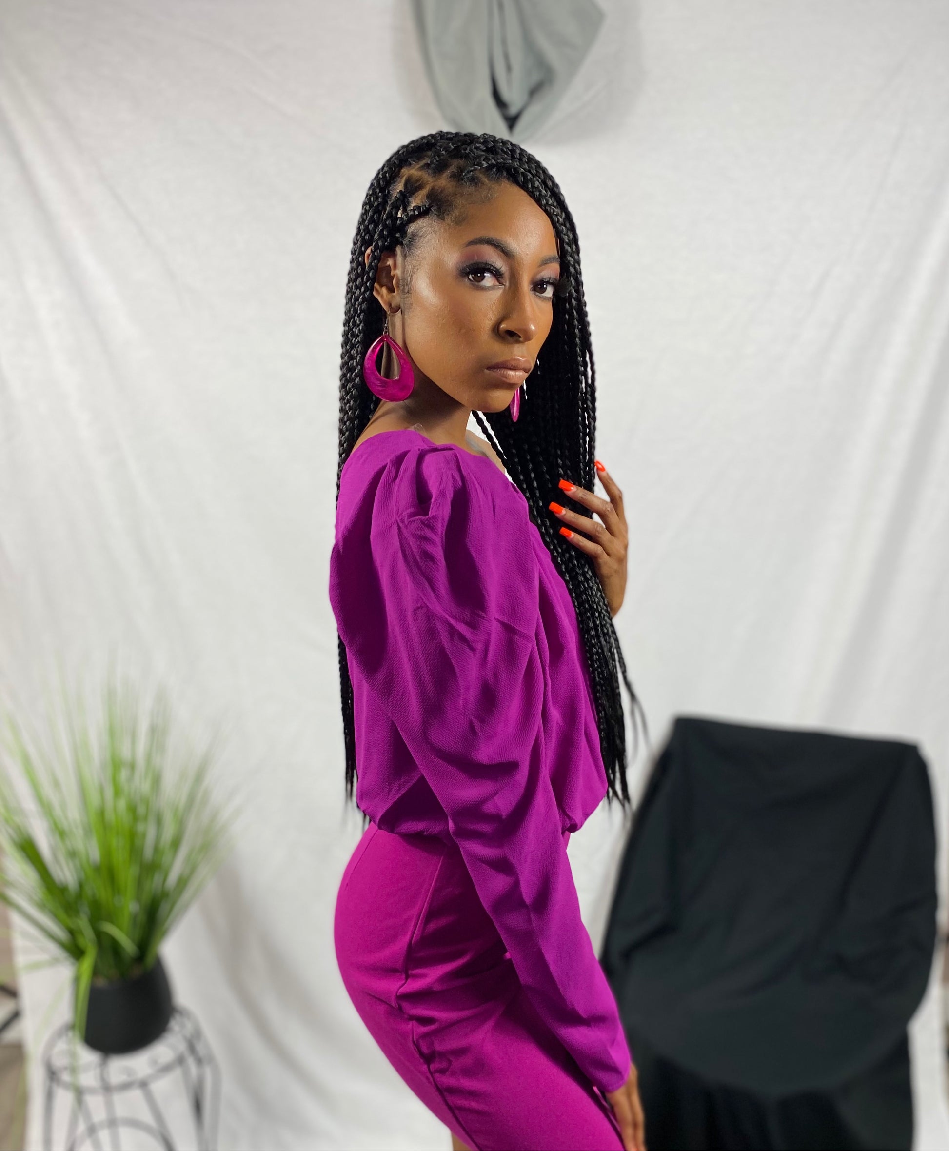 One shoulder pink, puffy, long-sleeve dress