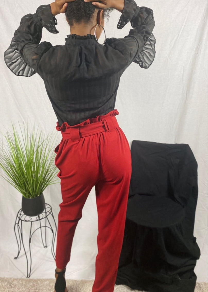 Brick colored paper bag pants with buckle