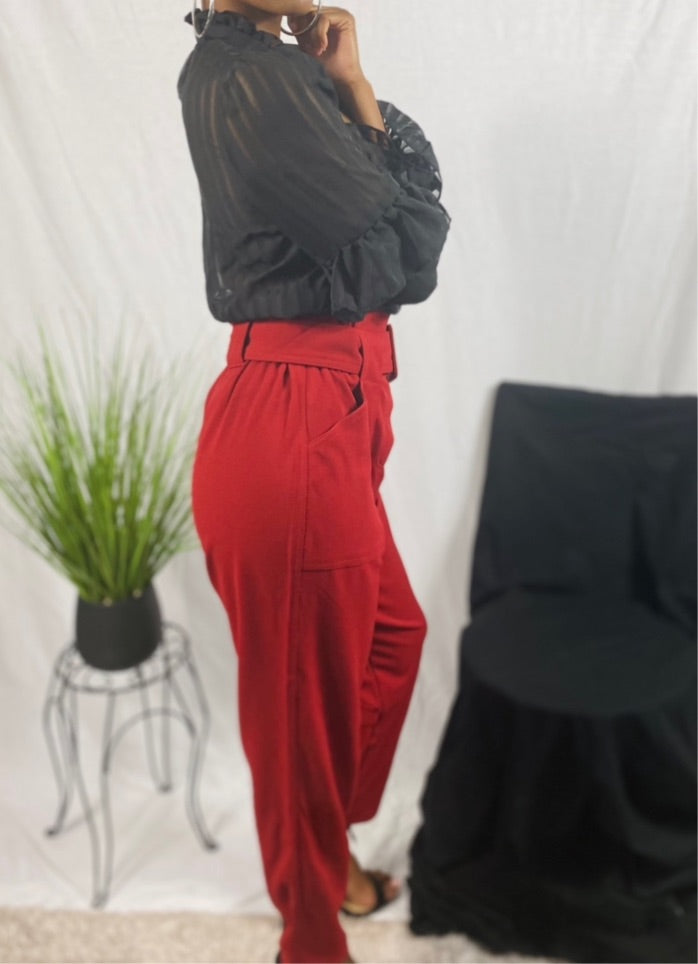 Brick colored paper bag pants with buckle