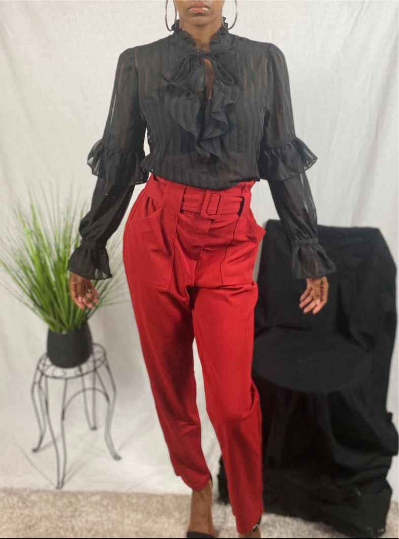 Brick colored paper bag pants with buckle