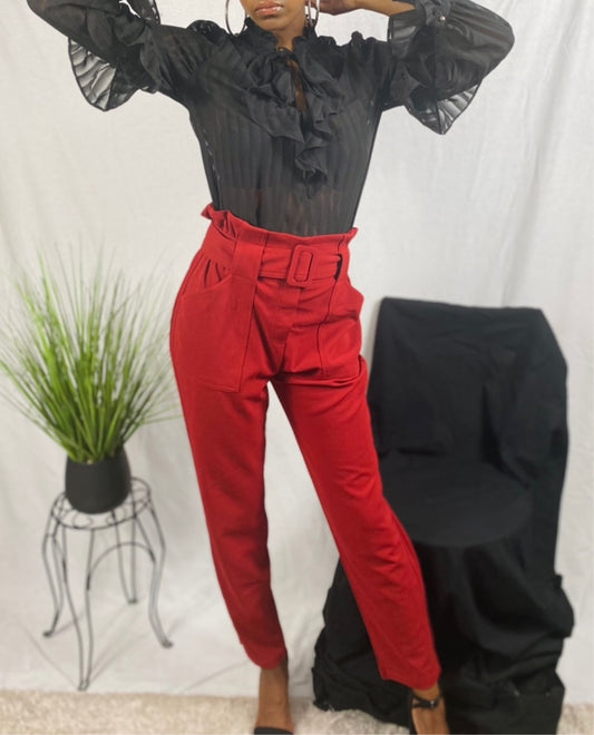 Brick colored paper bag pants with buckle