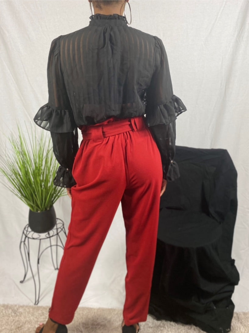 Brick colored paper bag pants with buckle