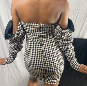 Off-Shoulder Houndstooth Dress