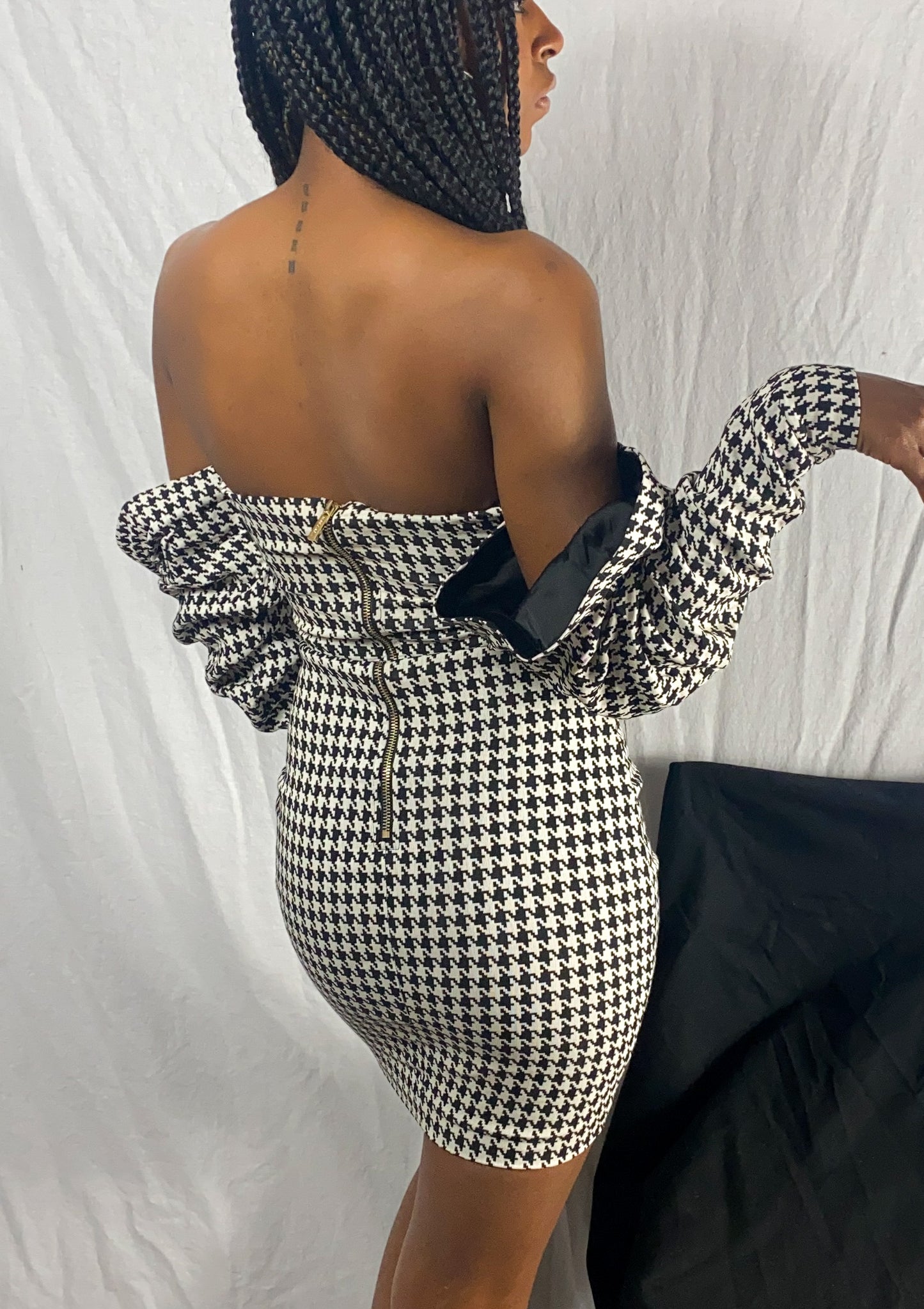 Off-Shoulder Houndstooth Dress