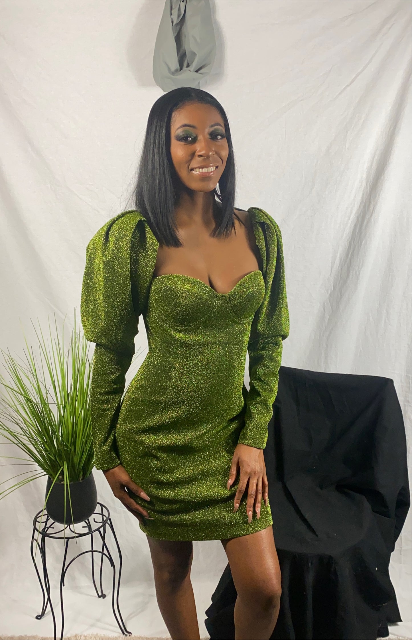 Verina Green Gigot-sleeve Dress