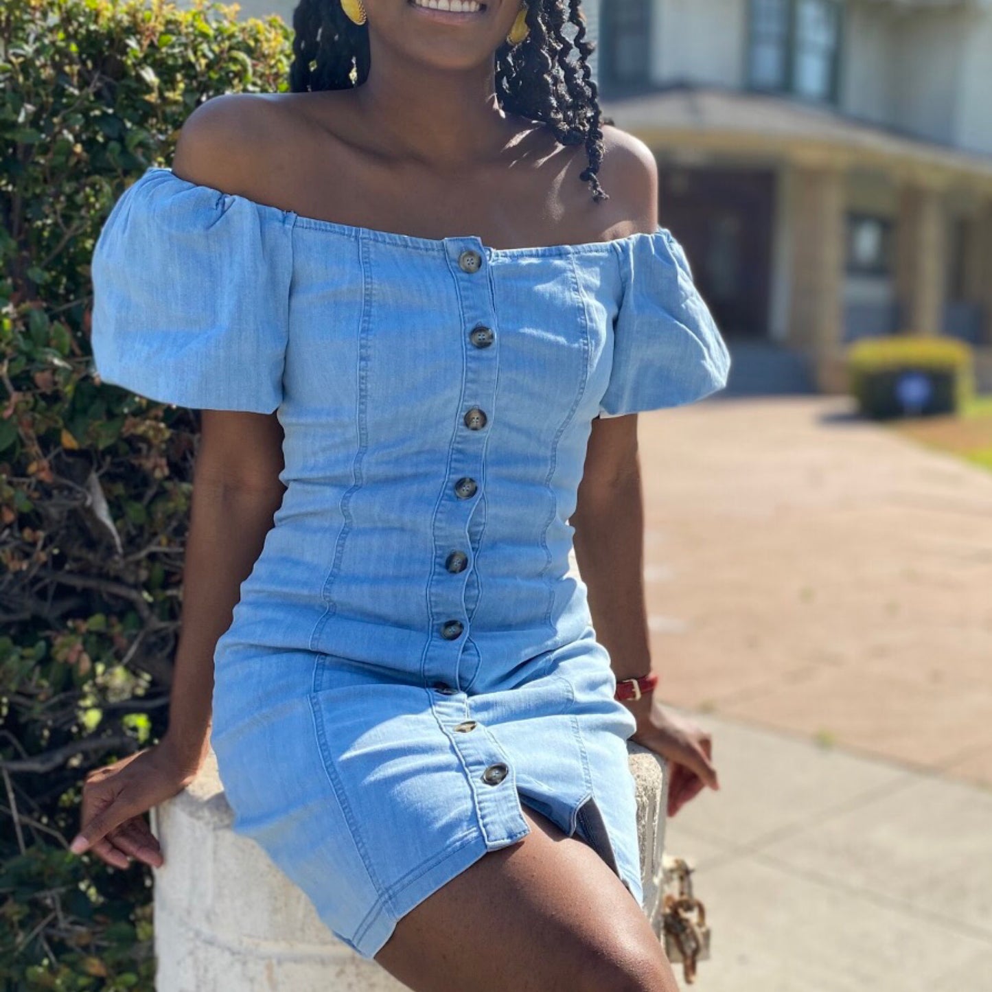 Off-Shoulder Light Blue Jean Dress