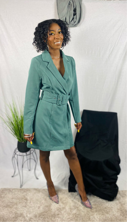 Antique green suit dress with belt.