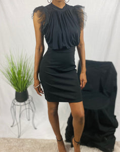 Black, ruffled shoulder, bodycon dress with circle cut out in back
